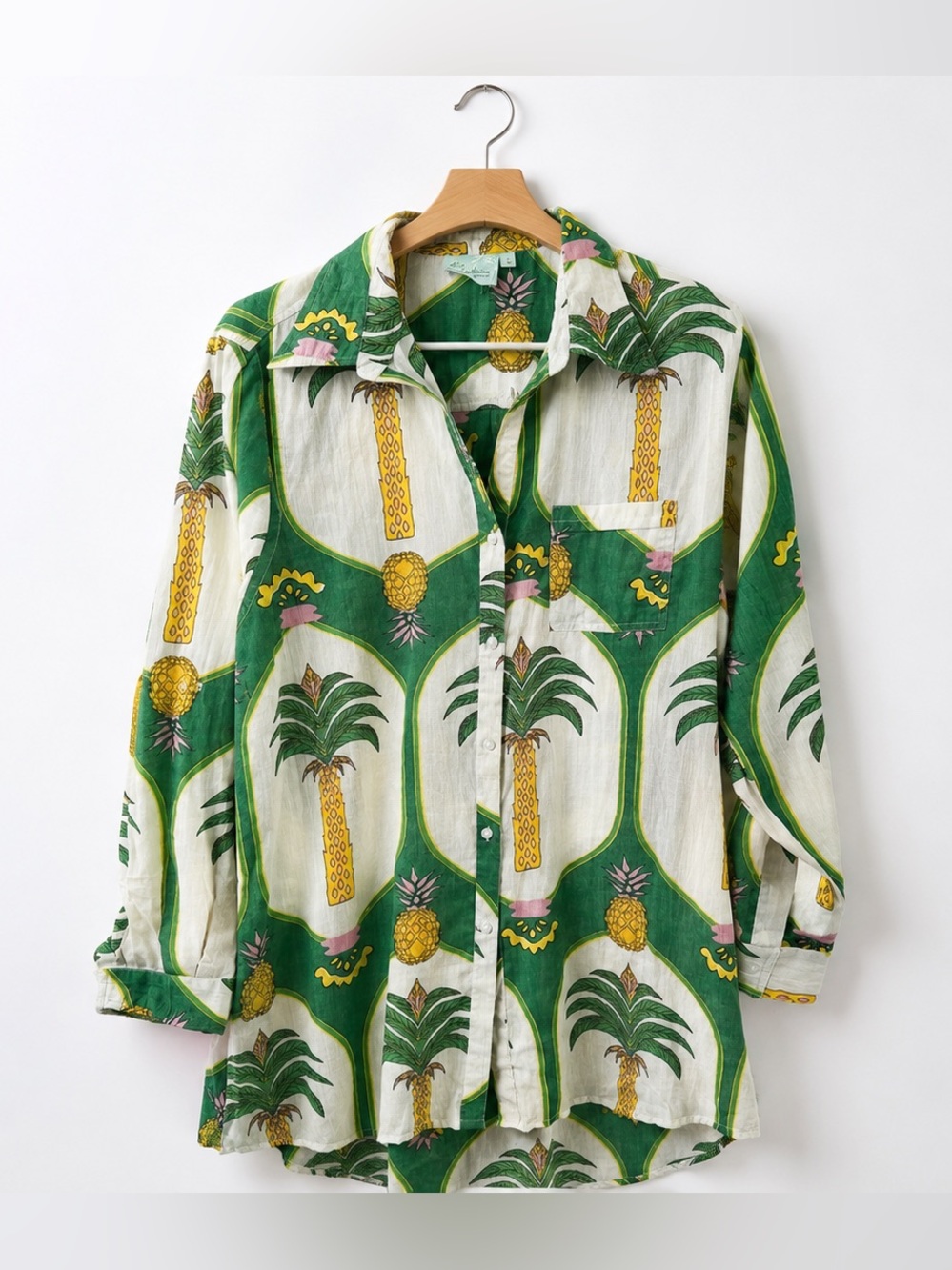 True Destinations Palm Tree Print Womens Size L Beach Button Down
